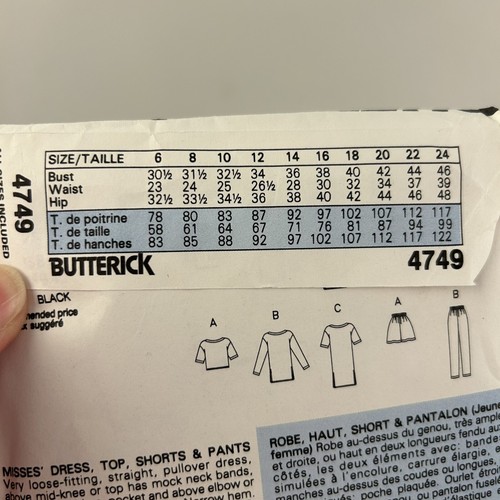 1990 Butterick UNCUT Pattern 4749 Dress Top Shorts Pants Pajamas Size 6-22 - Picture 3 of 3