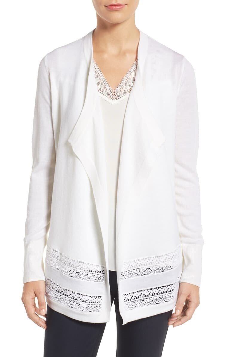 Lace Inset Merino Wool Cardigan Sz 