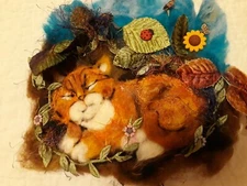 Hand Made Orange Cat Sleeping In Garden Wool Roving Embroidery Accents 9" 
