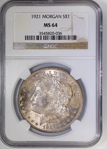 1921 Morgan Silver Dollar $1 NGC MS64 Nice Light Blue to Purple Toning