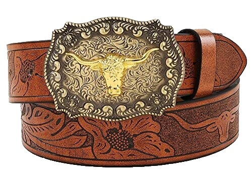 Vintage Hand Stained Latitan Tooled Leather Belt Women display picture 2