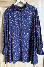 Kate Barton Dress Navy with orangey red spots Edwardian frill collar Size XL