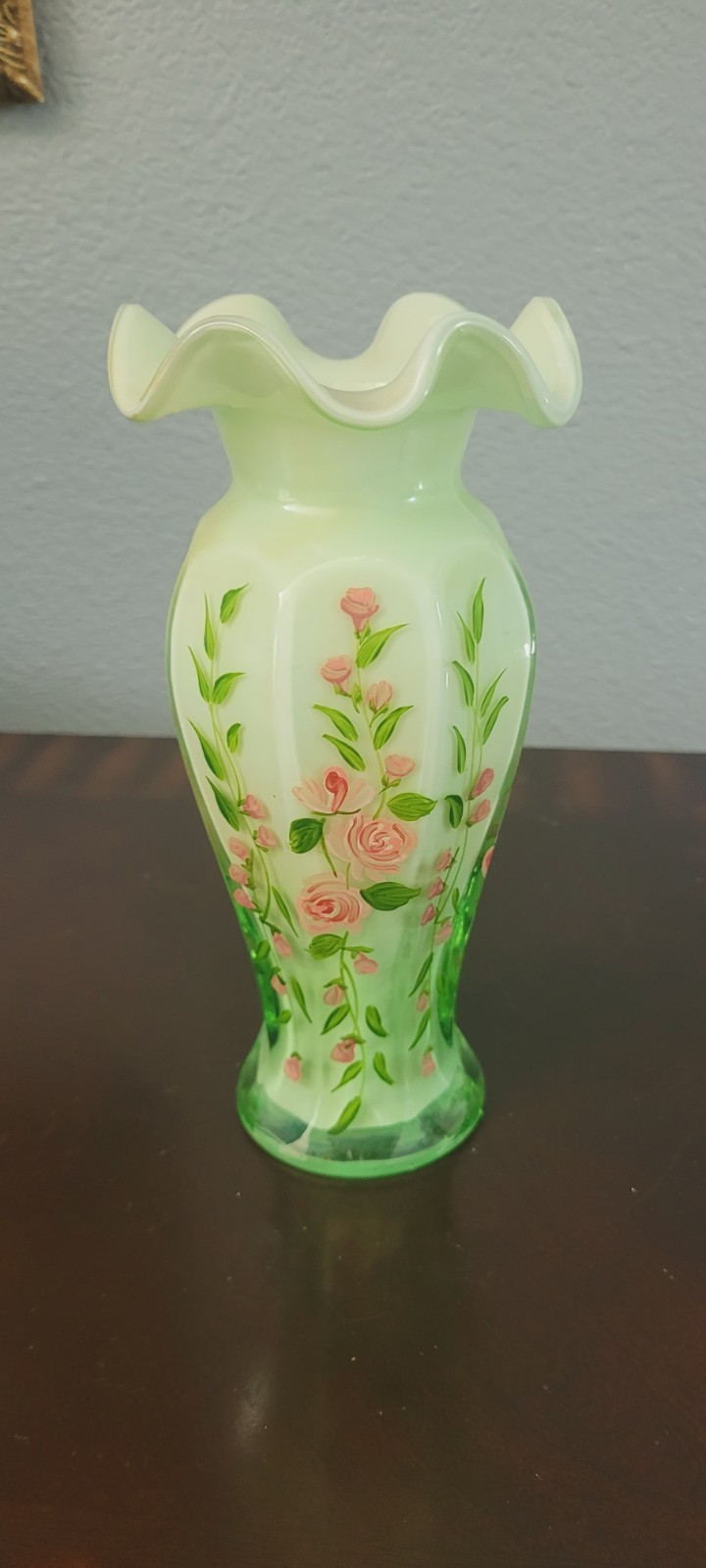 Vintage Fenton Green Cased Art Glass Vase w/ Hand Painted Roses Ruffled Rim MCM