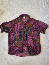 Vintage 80s 90s Abstract Geometric Tribal Print Button Up Shiry Rayon Boho