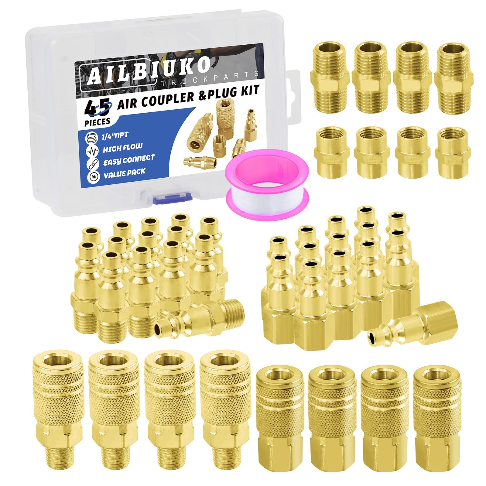 Air Coupler & Plug Kit,45 Pcs 1/4" NPT Air Tool Fittings Set