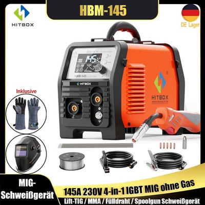 HITBOX 4-in-1 145A 220V IGBT Schweißgerät MIG ohne Gas MMA Lift-TIG Spoolgun LED
