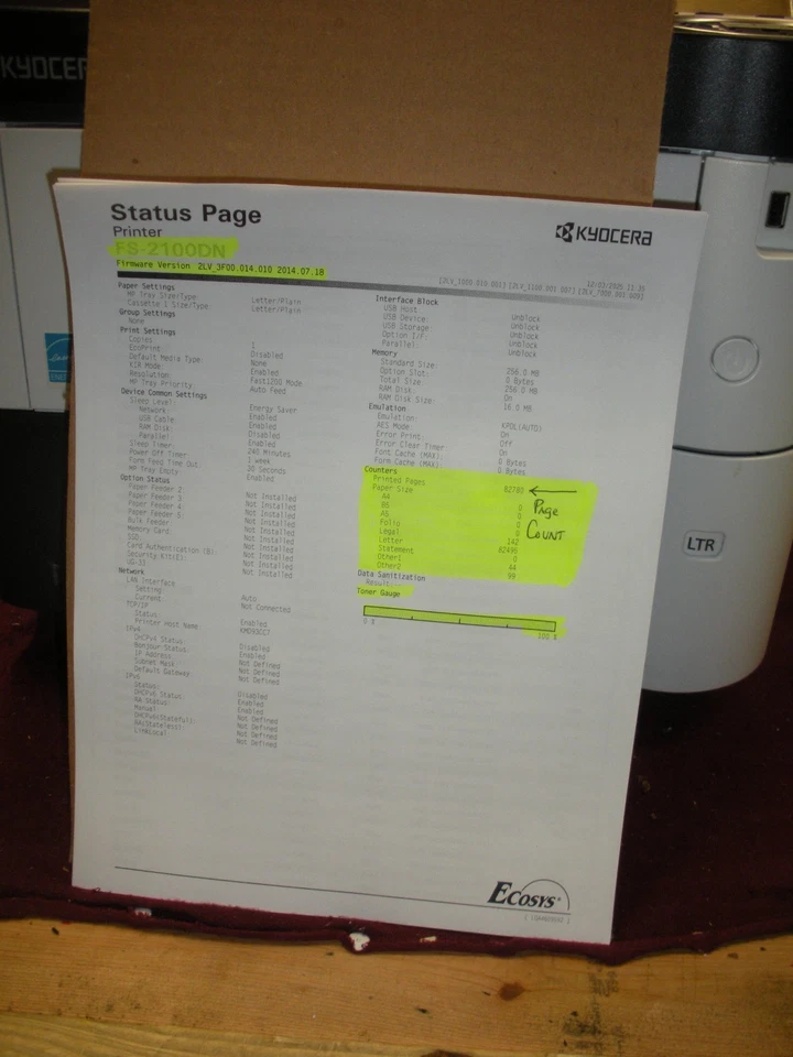 Kyocera EcoSys FS-2100DN Duplex Network Printer Pg Count 82,780 - Image 4 of 4