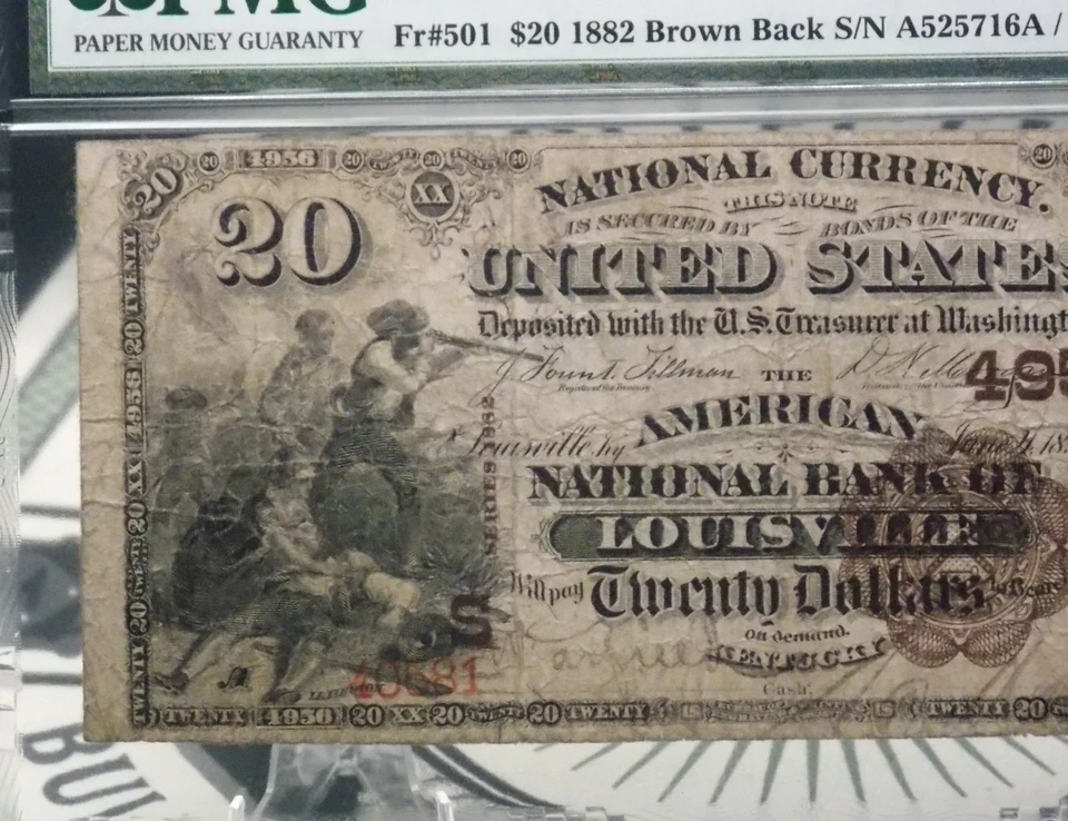 1882 $20 National Brown Back Bank Note *LOUISVILLE* KY Fr#501 PMG F15 CH#4956 - Image 2 of 4