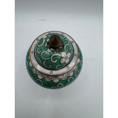 Vintage Chinese Cloisonné Ginger Jar Green Floral Enamel Brass Lidded Vase 6” - Picture 5 of 9