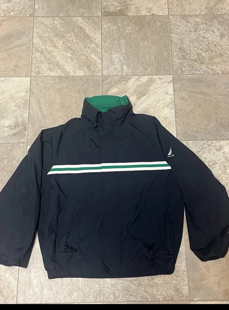 Nautica Mens Windbreaker Jacket XL Dark Blue With Green/Attached Hood
Opens in a new window or tab