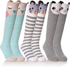 FNOVCO Girls Knee High Socks Kids Crazy Fun Gift 3-12 Years, 3 Pairs Animal