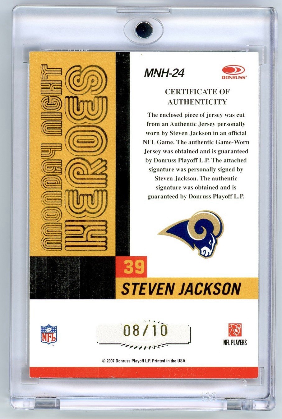2007 Donruss Classics Monday Heroes Steven Jackson Game Used Prime Patch Auto 10 view 2