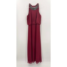 H9 Nine West Burgundy Beaded Maxi Dress Womens 16 Formal Chiffon Gown