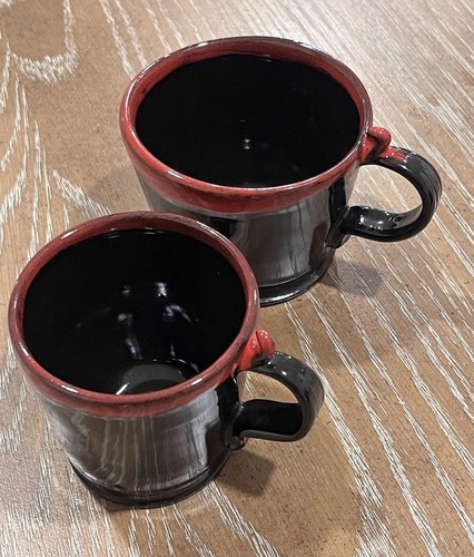 Set Of 2 Art Studio Pottery Coffee Espresso Cup Black Red Decorated - Picture 7 of 19