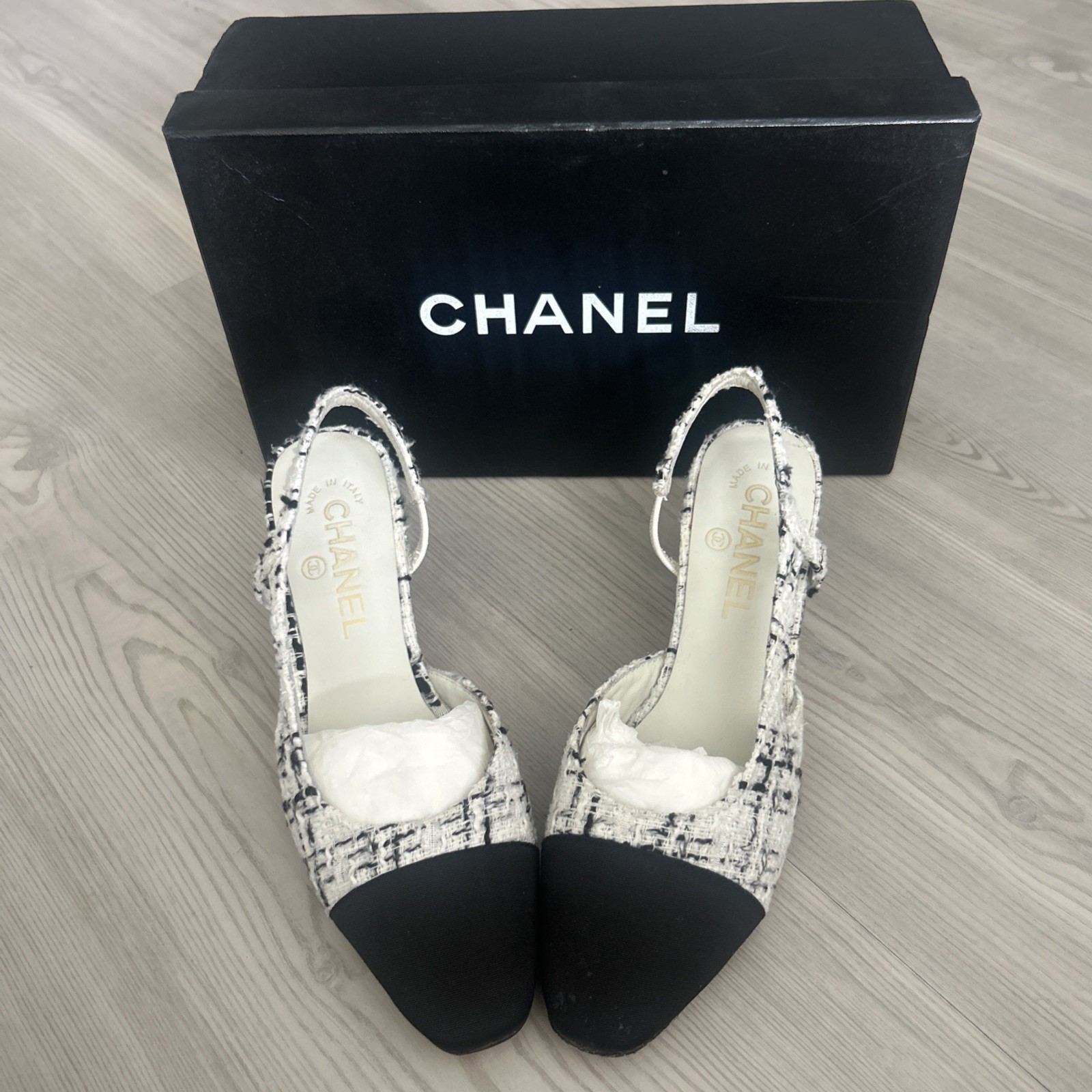 CHANEL Tweed Cap Toe CC Logo Slingback Pumps 36C Women's