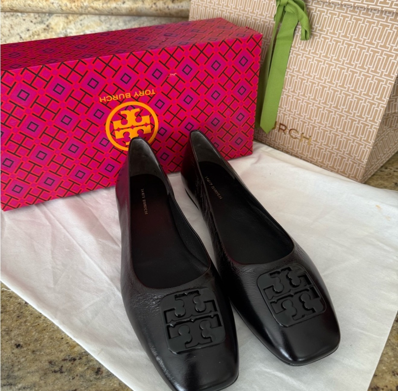 NEW TORY BURCH GEORGIA BALLET ATHENE CALF LEATHER IN BLACK
