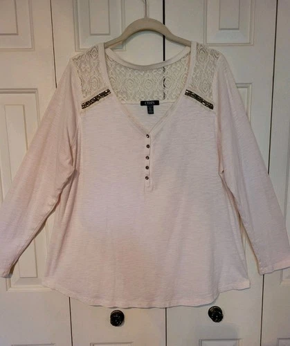 Chaps Henley TShirt Size 2X LS Ivory Off White Lace Yoke Preowned EC