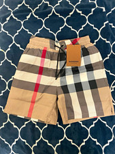 Burberry Men  s Plaid Swim Shorts L Beige Multi Elastic Waist Drawstring Mesh