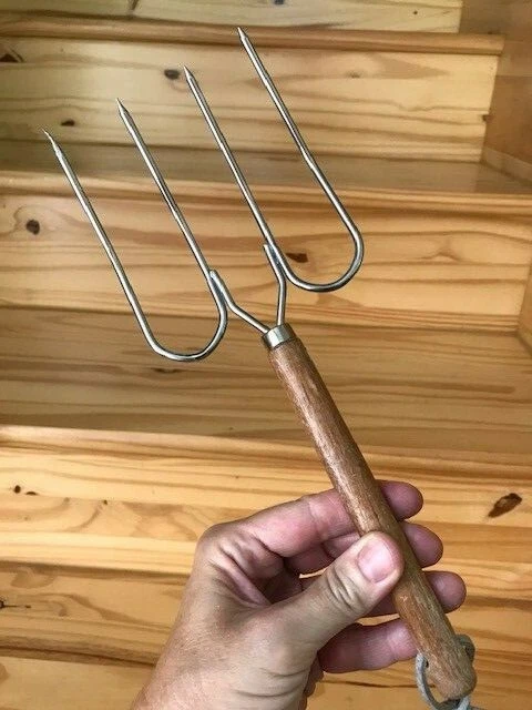 Vintage Turkey Lifter Kitchen Tool 4 Prong Pitchfork Wood Handle 10 1 2