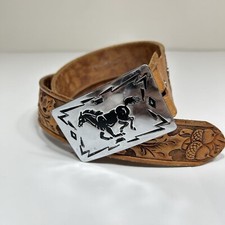 Vintage Sears Chambers Horse Western Belt Buckle Steerhide Leather Youth Belt 28