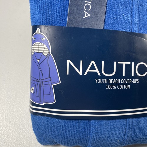 Nautica Kids Youth Beach Swim Hooded Towel Cover Up Robe Blue Shark 100% Cotton - Picture 3 of 10
