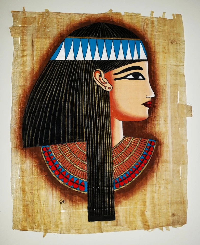ANCIENT EGYPTIAN PAPYRUS PAINTING on Handmade Paper SIGNED Queen Cleobatha - Image 2 of 3