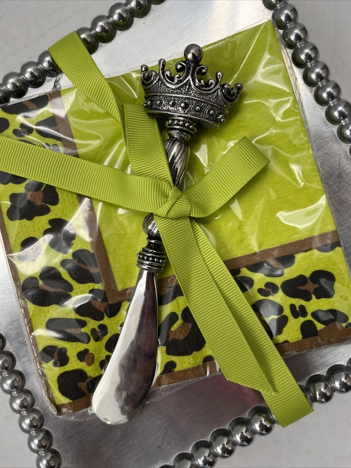 Mud Pie Leopard Print Napkins And Metal Beaded Tray Set w/ Crown Spreader Knife - Image 2 of 4
