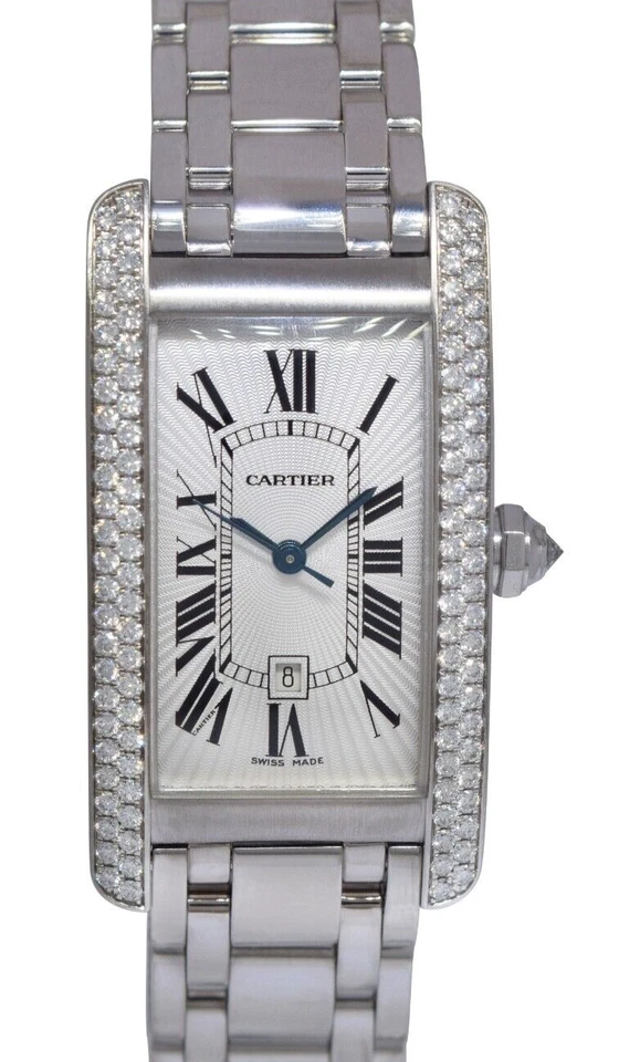 Reloj Cartier Tank Americaine mediano de oro blanco de 18 k con diamantes para dama WB7026L1 1726