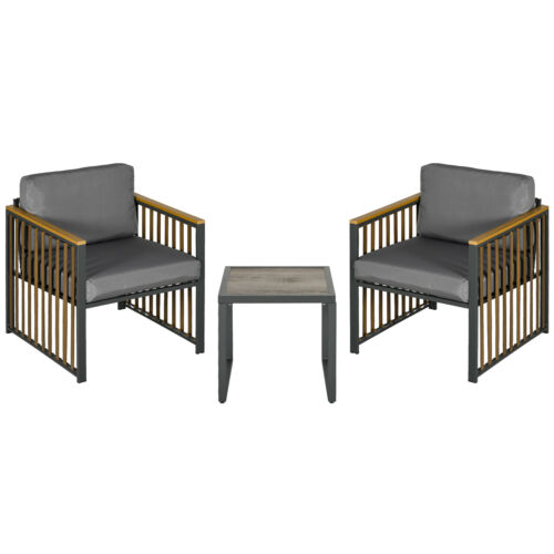 Gartenmöbel-Set 3-tlg., Bistro-Set inkl. Couchtisch, 2 Stühle für Terrasse, Grau - Afbeelding 1 van 10