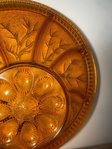 Vintage Indiana Glass Amber Deviled Egg Plate Tray Divided Relish Dish 12" Retro - Picture 5 of 7