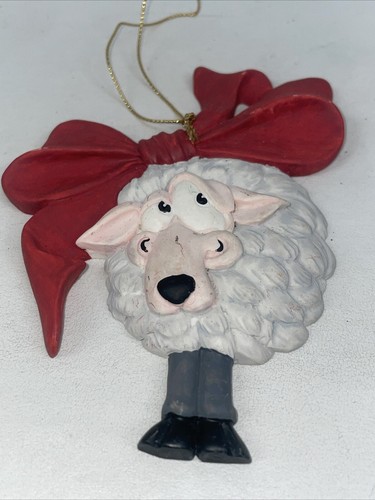 Vintage Whimsical Sheep Christmas Ornament Red Bow Funny Holiday Decorations - Picture 2 of 6