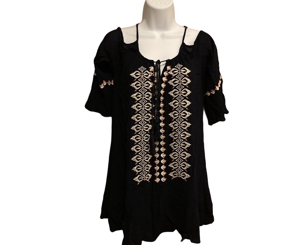 Boho Embroidered Navy Blue Tunic Top 3/4 Sleeve Size M