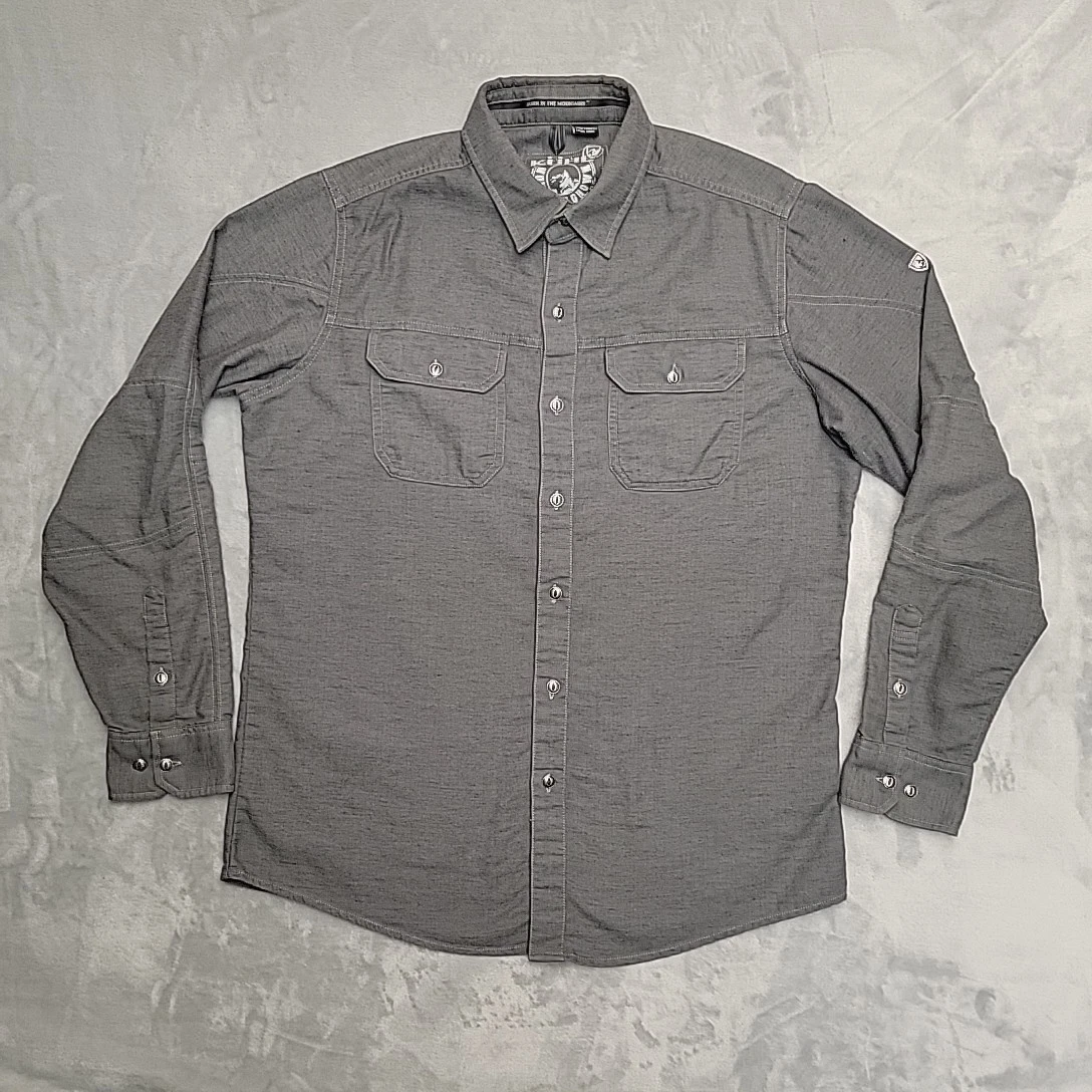 Kuhl Shirt Men Medium Gray Mountain Grown Linen Blend Trail Camp Outdoors Gorp