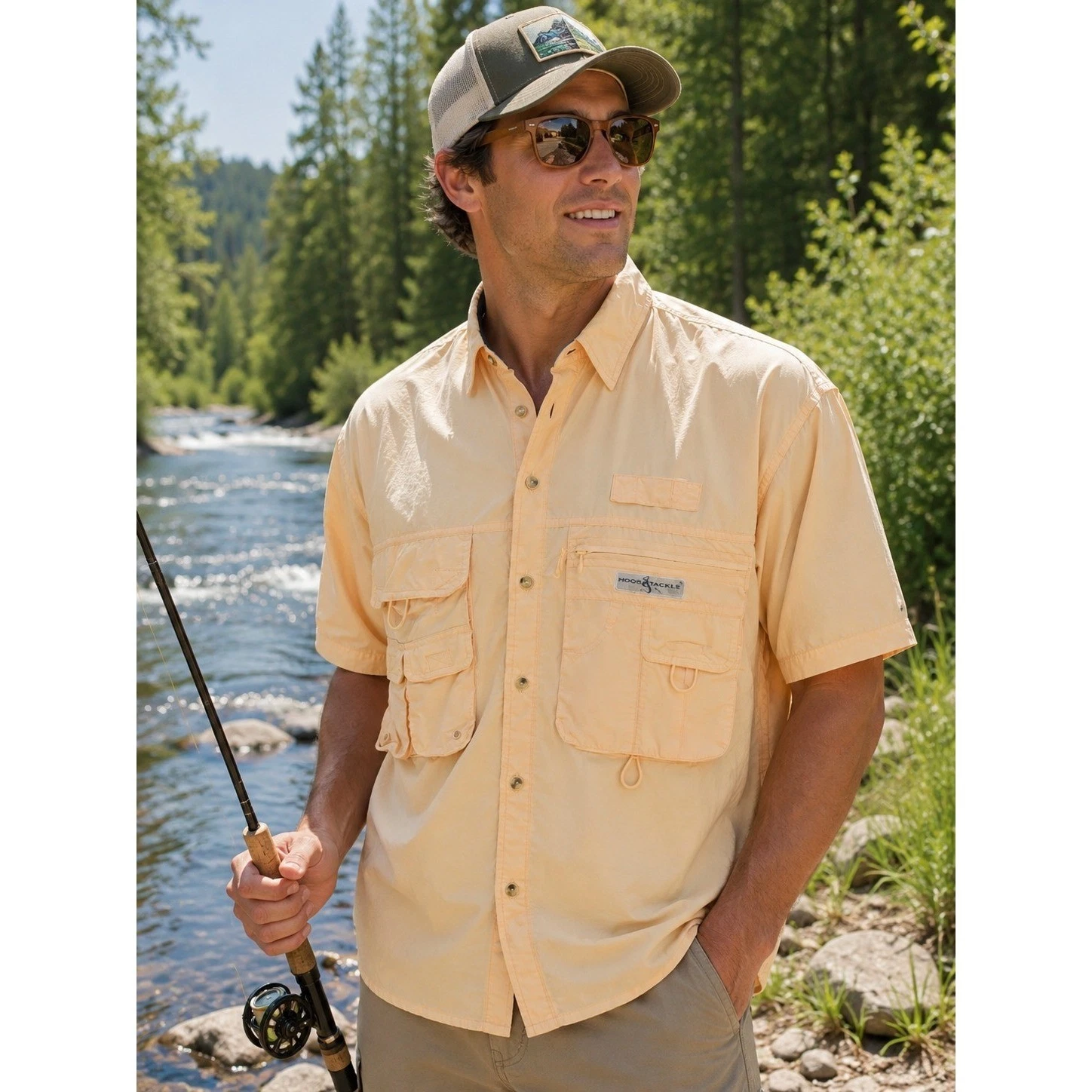HOOK & TACKLE Men's Medium Orange Short Sleeve Fishing Shirt Vented -1112