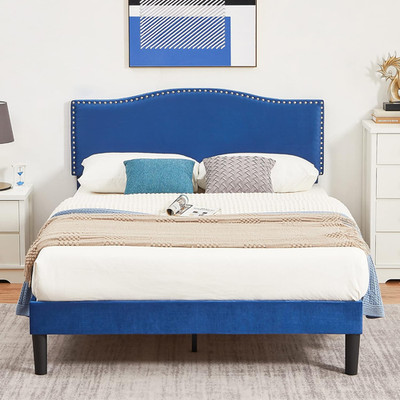 Queen Platform Bed Frame with Upholstered Headboard - Dark Blue