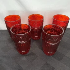 Set of 5 - Whole Housewares Glass Tumblers Embossed Red Drinking Glasses