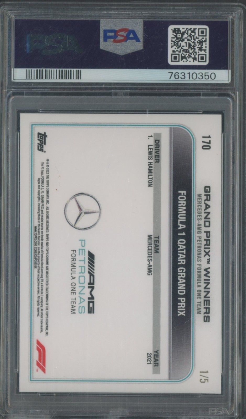 2022 Topps Chrome F1 Racing Red Wave Refractor #170 Lewis Hamilton 1/5 PSA 9 view 2
