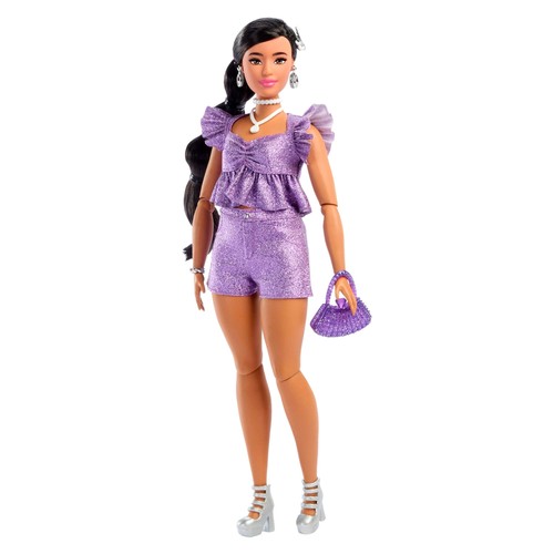 Barbie Deluxe Style Doll #8 in Metallic Purple Top and Sparkly Shorts, Black Hai
