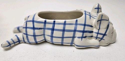Anthropologie Mark Sikes Stoneware Planter Poppy French Bulldog Puppy Blue Plaid - Picture 2 of 10