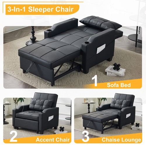 3-in-1 Convertible Sleeper Sofa Bed Pull Out Chair with USB Port & Cup Holder - Picture 3 of 17
