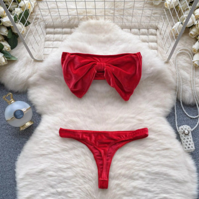 Dessous Set BH große Schleife Höschen Samt rot sexy Geschenk