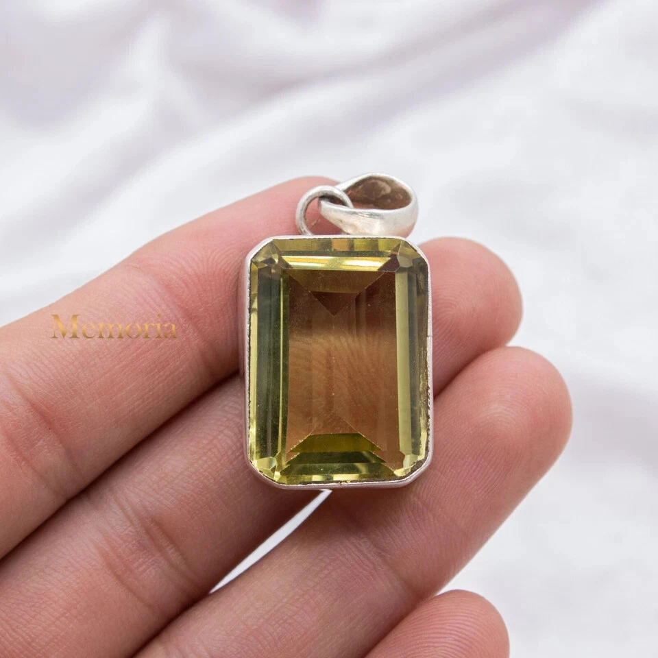 925 Sterling Silver Radiant Cut Lemon Quartz Gemstone Pendant Handmade Jewelry - Image 2 of 4