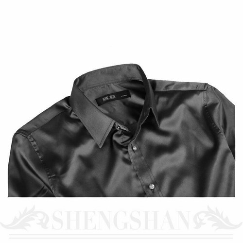 Hommes Faux Satin Soie Chemise Manches Longues Bouton Affaires Habillé Paillette - Picture 7 of 18