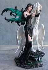 Black Fairy with White Dragon Collectible Figurine Decorative 10" Tall