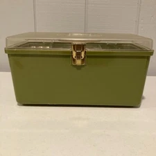 WIL-HOLD Plastic SEWING BOX 1970s Green with Tray Med Size Vintage Wilson Mfg.