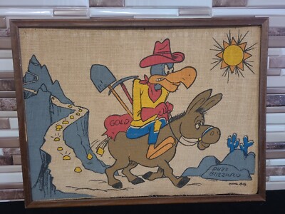 Rare Vintage Unique Buzz Buzzard Painting On Potato Sack Signed Framed 18''x24''