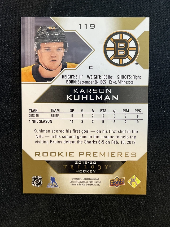 19-20 UD Trilogy Hockey Rookie Premiers Level 3 Karson Kuhlman /299 - Image 2 of 2