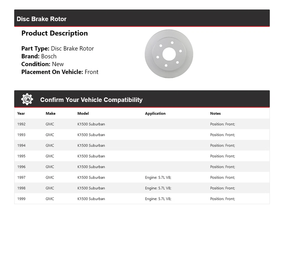 Rotor de freno de disco delantero para GMC K1500 Suburban Bosch QuietCast 1992-1999 1993 Foto 2 de 4