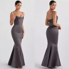 NWOT HOUSE OF CB Violette Satin Mermaid Gown in Dark Grey Size large