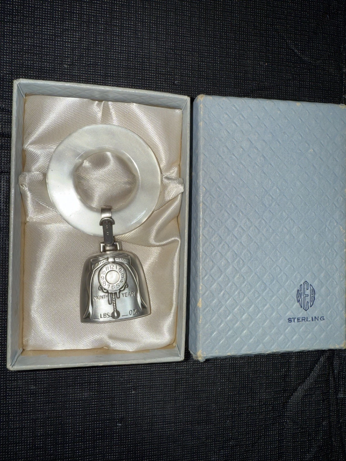VINTAGE STERLING SILVER BABY BIRTH RECORD RATTLE & TEETHING RING